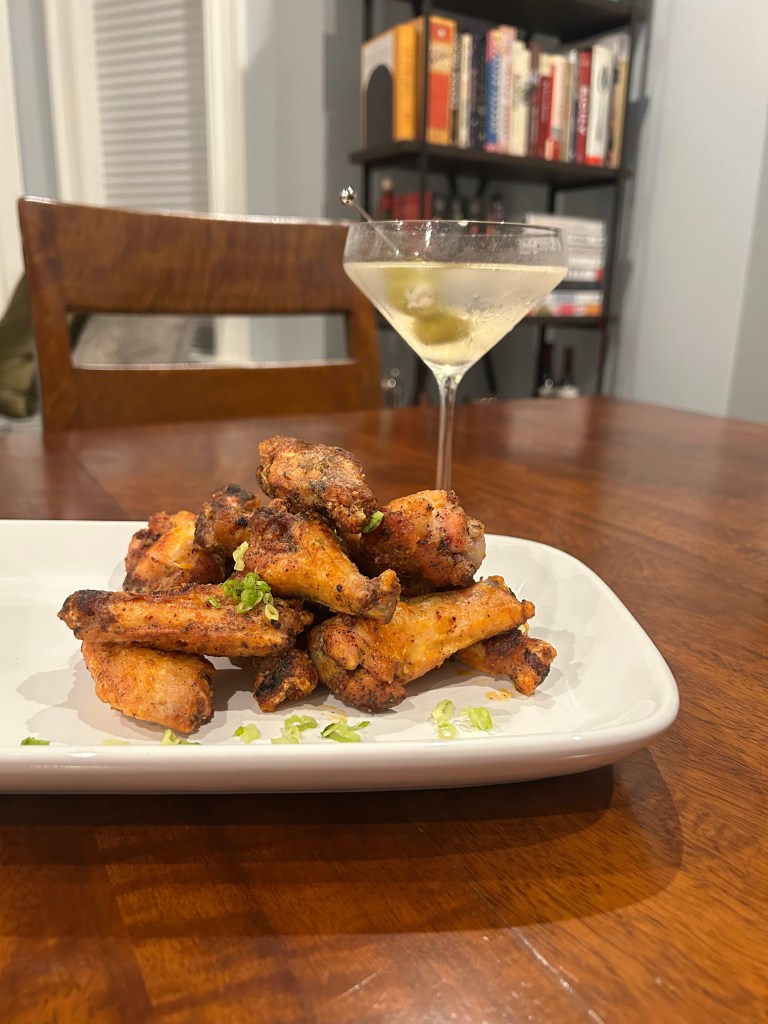 chicken wings and a martini